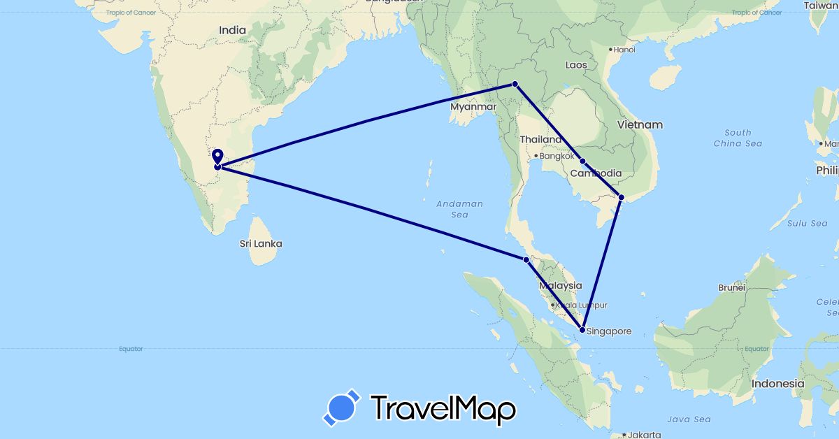 TravelMap itinerary: driving in India, Cambodia, Malaysia, Singapore, Thailand, Vietnam (Asia)